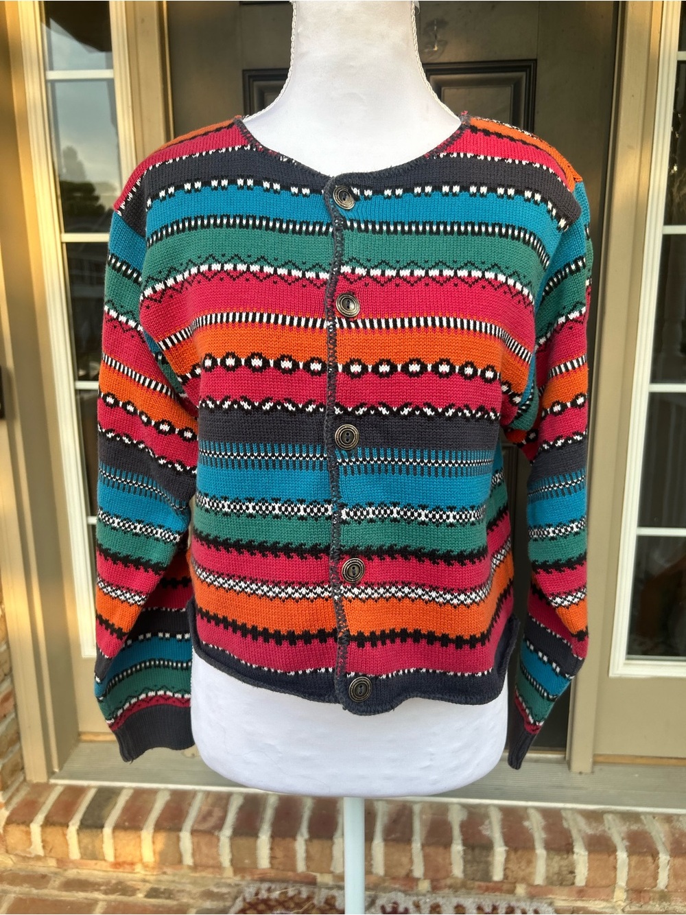 Vintage 90s LizWear multicolored striped cropped knit cardigan southwestern S - Picture 1 of 8